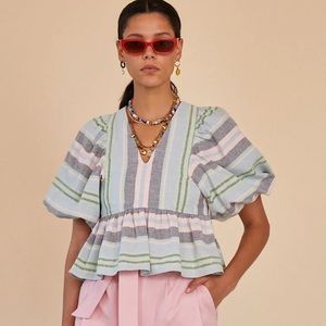 HUNTER BELL Landry Pastel Stripe Top Puff Sleeve Blouse Women’s Medium